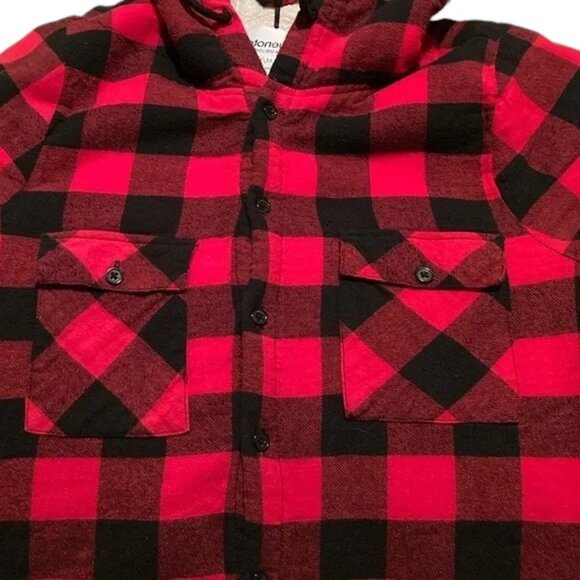 Bluenotes Red and Black Plaid Shacket Style Hoodie with Sherpa Lining - Picture 3 of 6